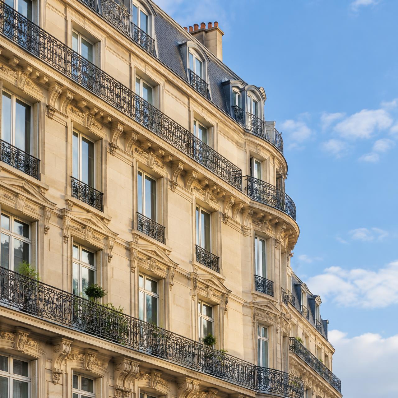 Façade d'immeuble haussmannien parisien avec balcons en fer forgé